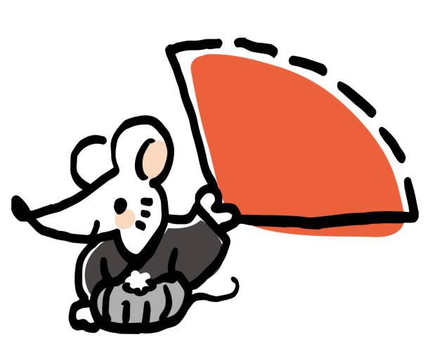 illustrations, cliparts, dessins animés et icônes de une illustration d'une souris utilisant une robe formelle "hakama" pour des hommes au japon. il s'agit d'une illustration pour une utilisation dans les cartes du nouvel an japonais. - chopsticks nobody red white background
