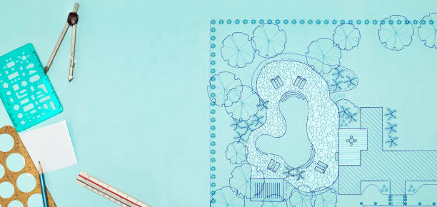 istock Blueprint Landscape architect design backyard plan for villa 1159916923
