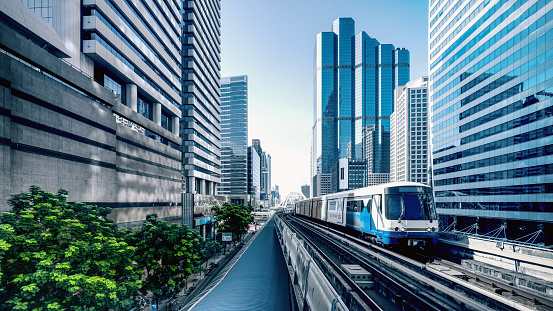 cityscape of BTS sky train in Bangkok Thailand