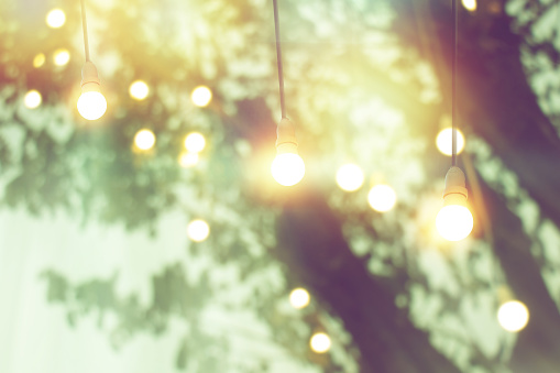 blurred bokeh light on sunset with yellow string lights decor in tree