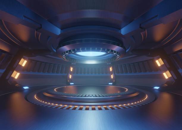 istock Empty light blue studio room Futuristic interior with empty stage with lights blue 1159927187