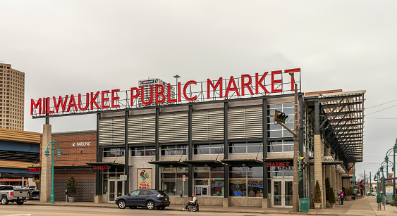 Milwaukee, Wisconsin - April 10th, 2019: Exterior of the Milwaukee Public Market in the historic Third Ward District, Downtown Milwaukee.