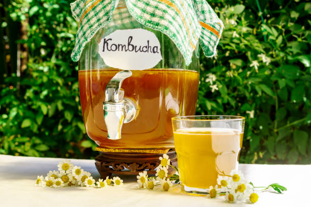 thé kombucha rafraîchissant avec une camomille médicale dans la vieille bouteille et le verre de cru, avec le kombucha écrit d'étiquette là-dessus sur l'arrière-plan des fleurs brouillées. boisson aromatisée probiotique naturelle saine. espace de  - fungus science bottle glass photos et images de collection