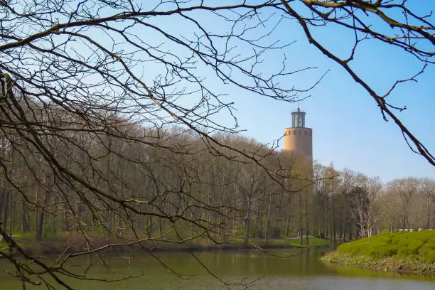 Tower, forest and trees hanging over the pond at Maria Hendrika Park, Ostend, Belgium, Europe