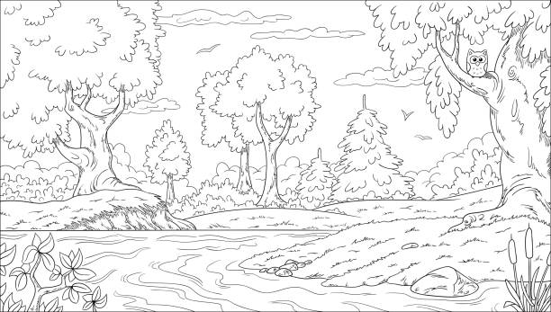 ilustraciones, imágenes clip art, dibujos animados e iconos de stock de paisaje de libros para colorear - página de libro para colorear técnica de ilustración