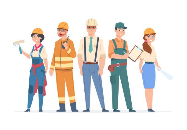 ilustrações de stock, clip art, desenhos animados e ícones de builders and engineers characters. construction workers and business peoples, men and women in professional costumes. vector set - mechanic cartoon construction work tool