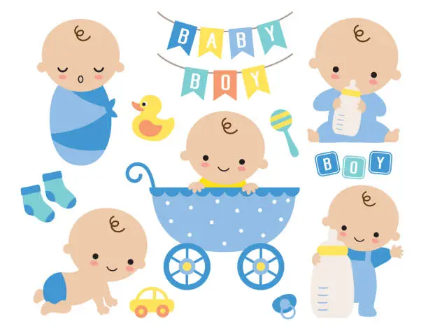 Vector illustration of Cute Baby Boy in a Stroller and Baby Items