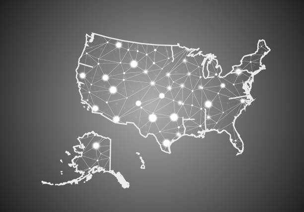 istock Vector wireframe mesh polygonal of United State of American map. Abstract global connection structure. Map connected with lines and dots. Geometric world concept. digital data visualization, infographics. 1159942825