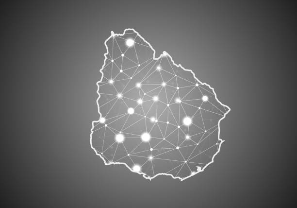 向量線框網格多邊形的烏拉圭地圖。抽象全域連接結構。與線和點相連的地圖。幾何世界概念。數位資料視覺化,資訊圖表。 - uruguay 幅插畫檔、美工圖案、卡通及圖標