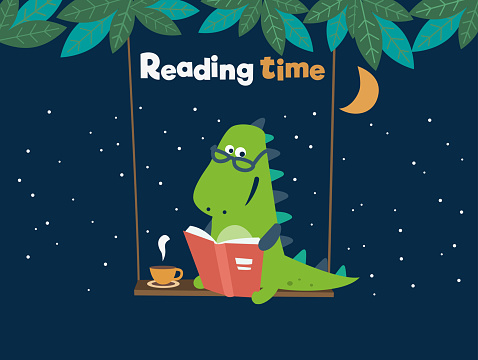 Funny dinosaur reads a book on swing