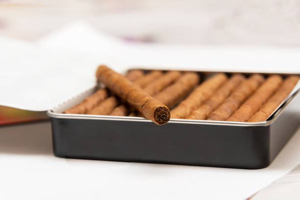 box of cigarillos on a white background. on the box is one cigarillo - cigarette wrapping imagens e fotografias de stock