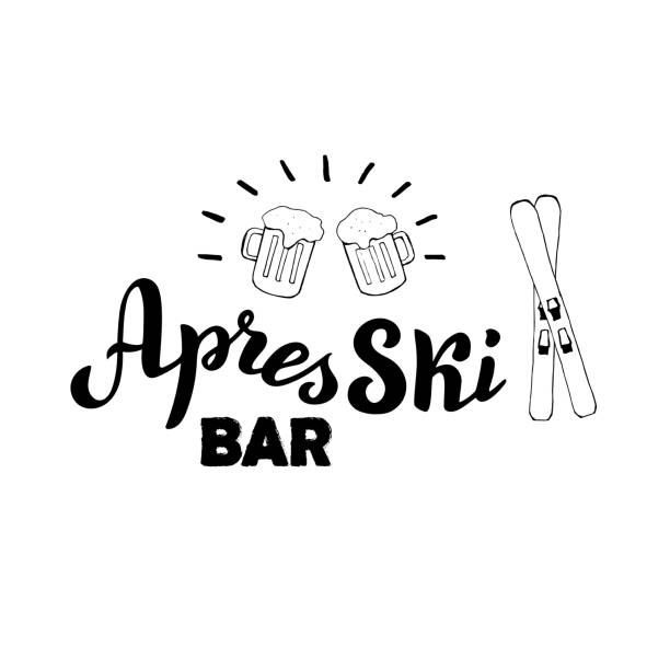 apres skibar logo mit bier und ski. trendige schriftzug banner broschüre. skiresort poster. vektor eps 10. - beer ski apres ski snow stock-grafiken, -clipart, -cartoons und -symbole