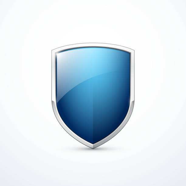 ilustrações de stock, clip art, desenhos animados e ícones de vector blue shield icon. vector illustration - chrome insignia sign gear