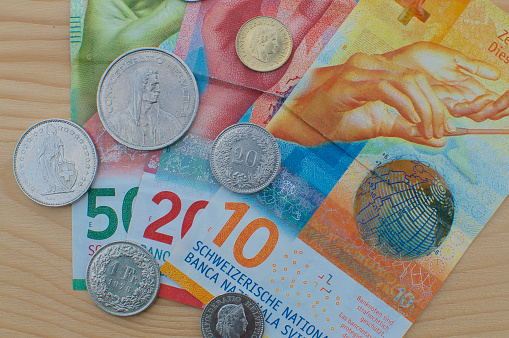 Close up picture of Swiss Banknotes and coins on a wooden table