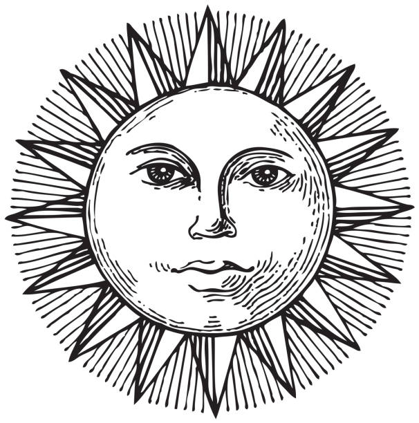 illustrazioni stock, clip art, cartoni animati e icone di tendenza di sole disegnato a mano in bianco e nero con viso - divinità illustrazioni