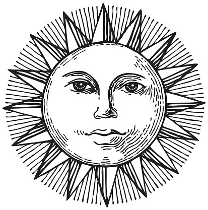 Black and white hand drawn sun with face. Can be used as tattoo, t-shirts design, coloring book. Black and white graphics, pencil drawing.