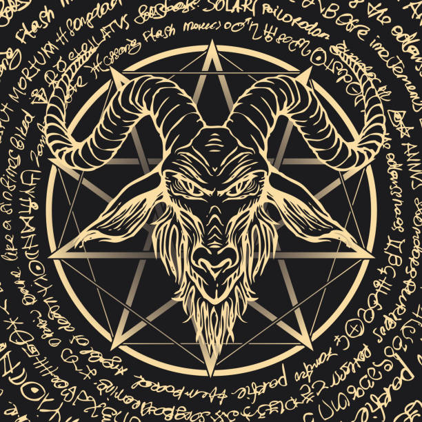 banner with horned goat head and manuscript Vector banner with illustration of the head of a horned goat and pentagram inscribed in a circle. The symbol of Satanism Baphomet on the background of old manuscript written in a circle in retro style satan goat stock illustrations