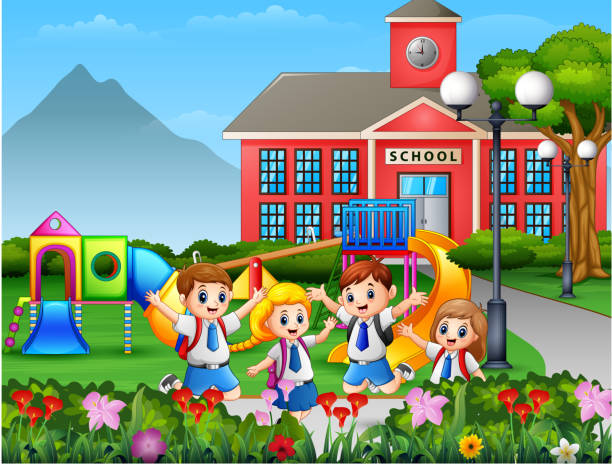 Cartoon children in uniform at school yard Cartoon children in uniform at school yard recess cartoon stock illustrations