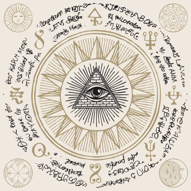 All-seeing eye of God inside triangle pyramid Vector banner with Eye of Providence. All-seeing eye inside triangle pyramid. Symbol Omniscience. Luminous Delta. Ancient mystical sacral illuminati symbol with magical inscriptions on beige backdrop illuminati stock illustrations
