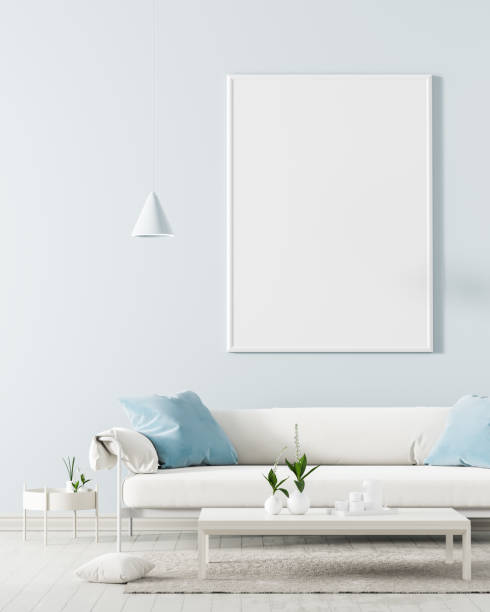 istock Mock up poster frame in Scandinavian style interior. Minimalist interior design. 3D illustration. 1159958110