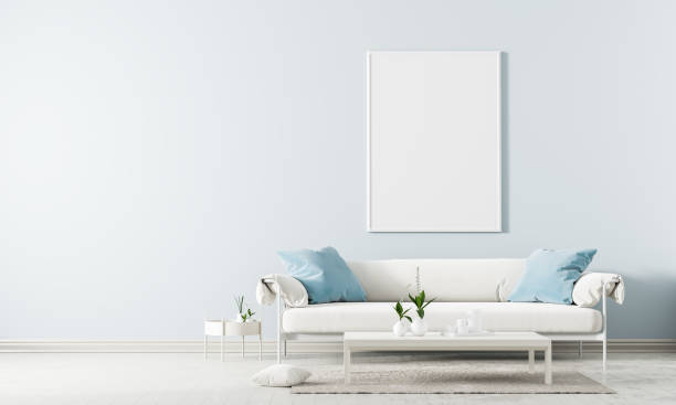 istock Mock up poster frame in Scandinavian style interior. Minimalist interior design. 3D illustration. 1159958130