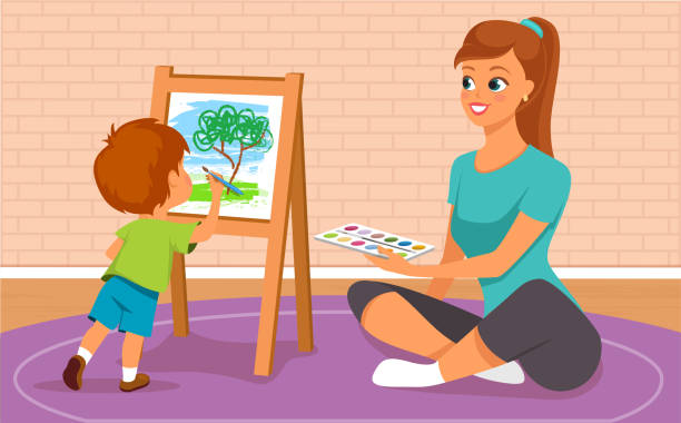 matka i jej syn malarstwo - child mother illustration and painting little boys stock illustrations