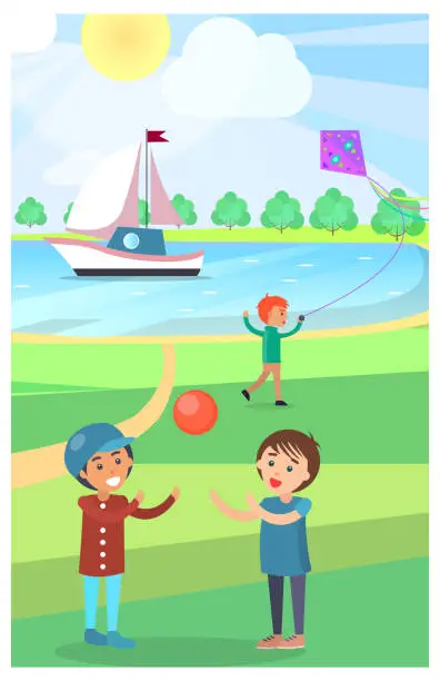 Vector illustration of Kids Play with Ball in Public Park Vector Poster