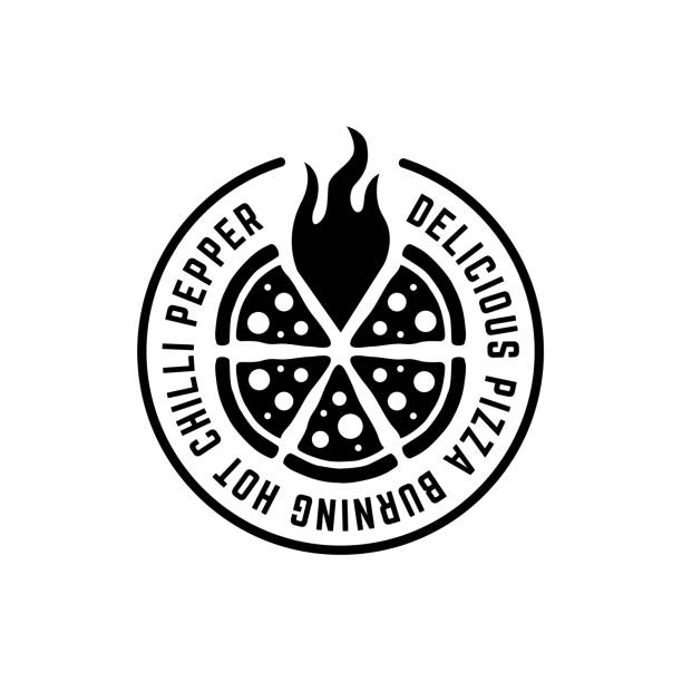 Monochrome circle pizza logo with flame and text around Monochrome circle pizza logo with flame and text around pizza stock illustrations