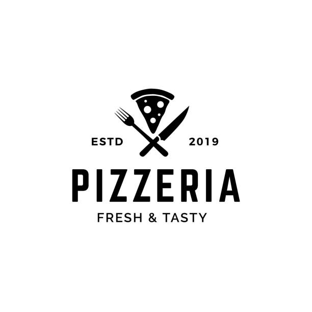 ilustraciones, imágenes clip art, dibujos animados e iconos de stock de pizza con diseño de horquilla cruzada y logotipo de cuchillo - pizza