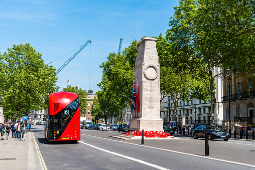 London, UK - May 15, 2019: View of the The Cenotaph in Whitehall. It  is a war memorial in London following the end of the First World War