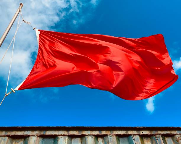 istock Red lifeguard no swimming flag blowing in strong wind 1159961555