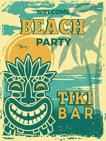 Tiki bar poster. Hawaii beach summer party invitation tiki tribal wooden masks vector retro placard. Illustration of tiki bar, beach party banner