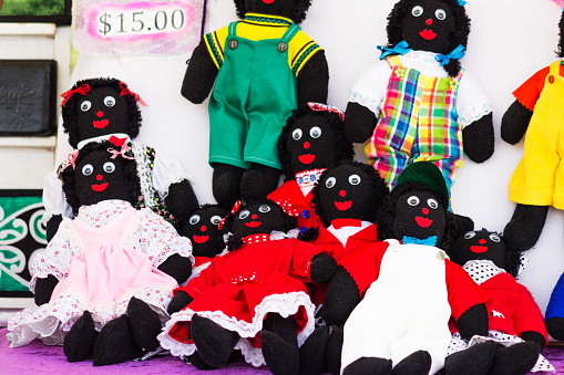 Levin, New Zealand - February 10th, 2017: Brightly coloured Hand crafted Golliwogs for sale at the  annual Medieval Markets which attract thousands of locals and tourists every year.