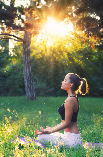 istock Young woman meditating in the nature 1159968609