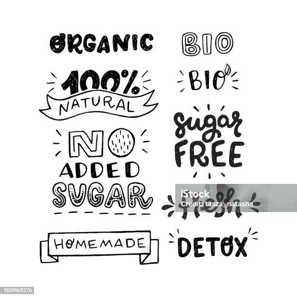 Set Of Bio Organic And Sugar Free Inscriptions - Arte vetorial de stock e mais imagens de Texto - Texto, Rabisco - Desenho, Escrita Não-Europeia