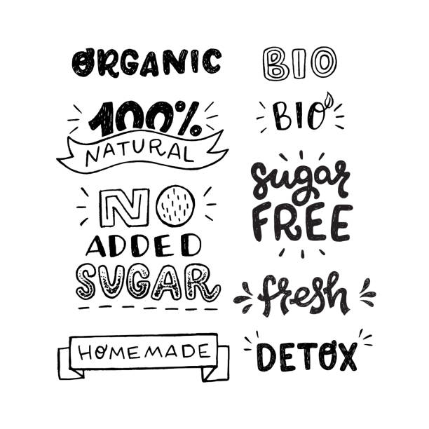 Set of bio, organic and sugar free inscriptions Set of black and white hand drawn inscriptions. Stickers with lettering text Organic, 100% Natural, No Added Sugar, Homemade, Bio, Sugar Free, Fresh and Detox. Healthy food theme messages for labels non western script stock illustrations