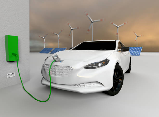 istock Charging an electric car. Solar panels, wind turbines. 1159969306