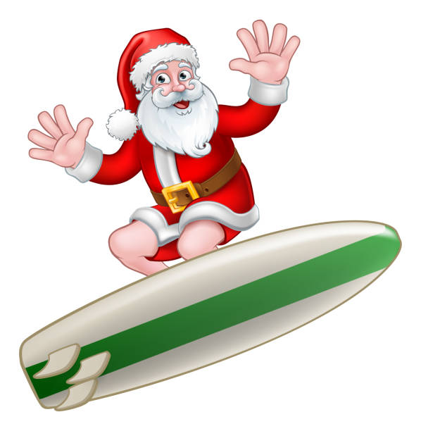 ilustrações, clipart, desenhos animados e ícones de desenhos animados surfando do natal de papai noel - beach sunlight surfboard santa claus