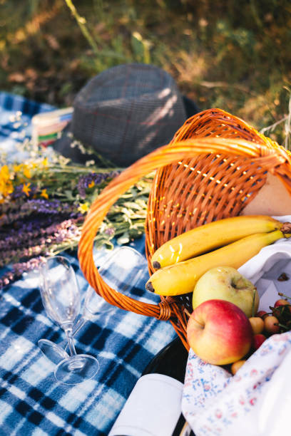 istock Fruit basket and wine on a plaid on the grass 1159969963