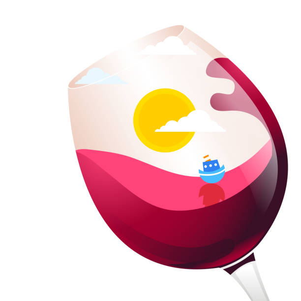 sommer rotwein flaches design vektoral illustration. mit little ship - spilling wine glass drink stock-grafiken, -clipart, -cartoons und -symbole