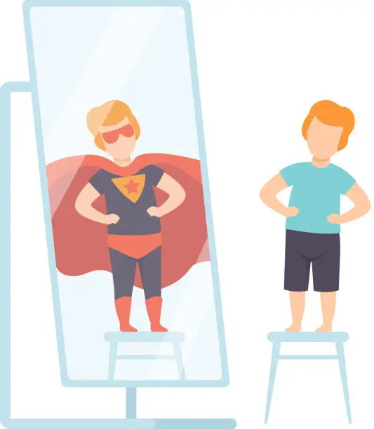 Vector illustration of Narcissistic Man Character Looking at Mirror and Seeing Superhero, Person Overestimate Himself, Self Confidence, Motivation Vector Illustration