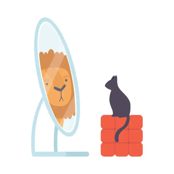 Vector illustration of Black Cat Looking at Mirror Pretend to Be Lion Vector Illustration