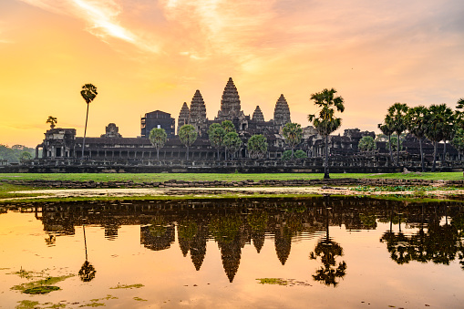 Sunrise at the Angkor Wat temple in Siem Reap, Cambodia.