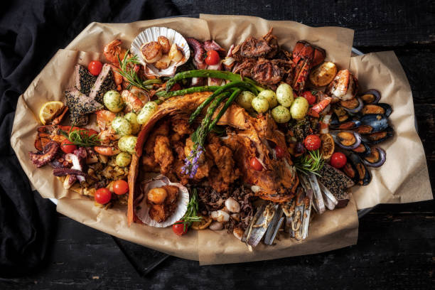 Dish of seafood. Assorted seafood.