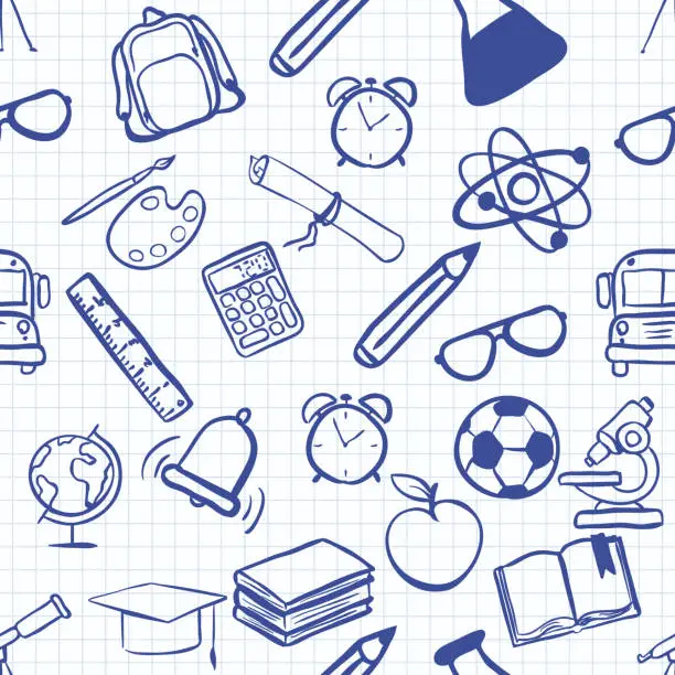 Vector illustration of Vector Seamless Pattern of Blue Sketch School Icons on Checkered Paper Background