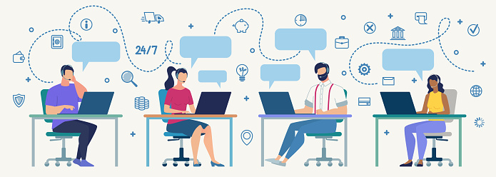 Clients Support, Helpline for Customers, Online Technical Assistance Flat Vector Concept. Call Center Operators in Headset, Sitting at Desk, Communicating, Messaging, Answering Questions Illustration