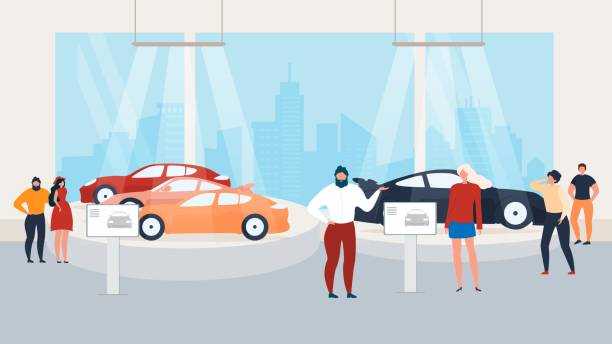 Visiting Auto Show, Presentation in Car Сenter Visiting Auto Show, Presentation in Car Сenter. Manager, Salesman Represent New Car Models, Visitors, Customers Watching in Distribution Showroom. Vector illustration in Flat Cartoon Style car show stock illustrations