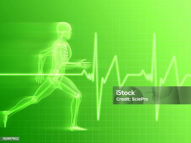 Illustration Of A Running Skeleton And Cardiac Monitoring Stock Photo - Download Image Now