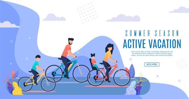 Banner Inscription Active Vacation Summer Season. Banner Inscription Active Vacation Summer Season. Active Image Parents and Children. Mapa Lucky Daughter on Trunk Bike, Dad Son Riding along Park against Backdrop Clouds. Vector Illustration. family fun stock illustrations
