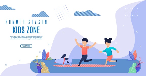 Bright Flyer Summer Season Kidz Zone Lettering. Poster Brother and Sister Run in Park with Dog and Laugh Cartoon. Children Play Safely Outside Flat. Vector Illustration Landing Page.